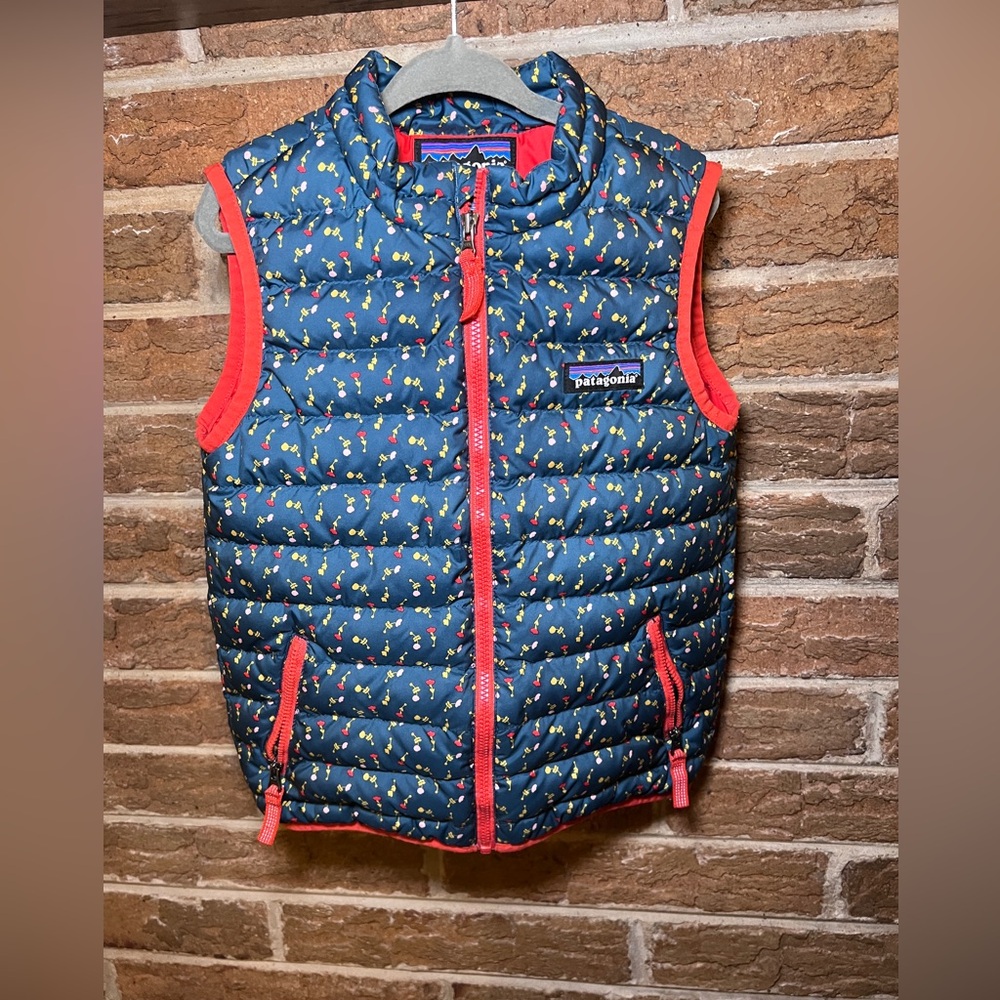 Patagonia 4T Blue & Red Floral Puffer Vest Lightweight Down Fill Spring Toddler